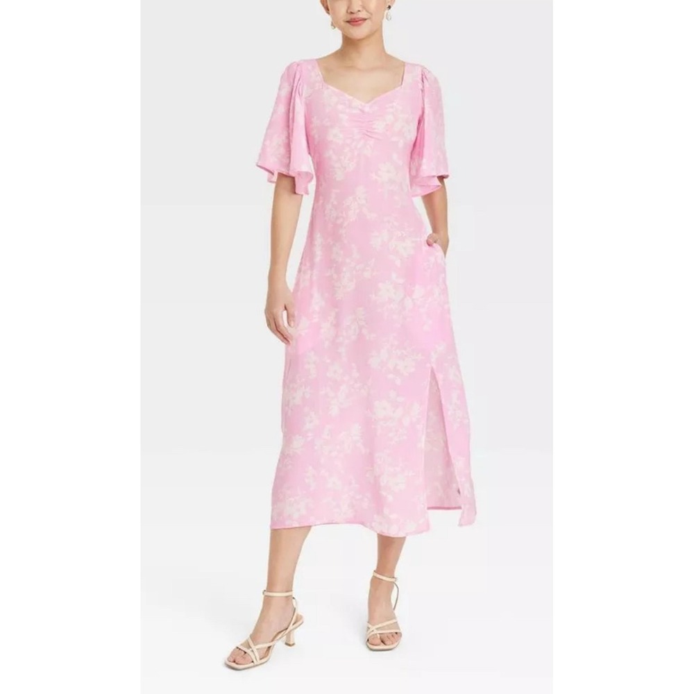 A New Day Crepe Short Sleeved Midi Dress Pink Floral Size Small Milkmaid Pastel